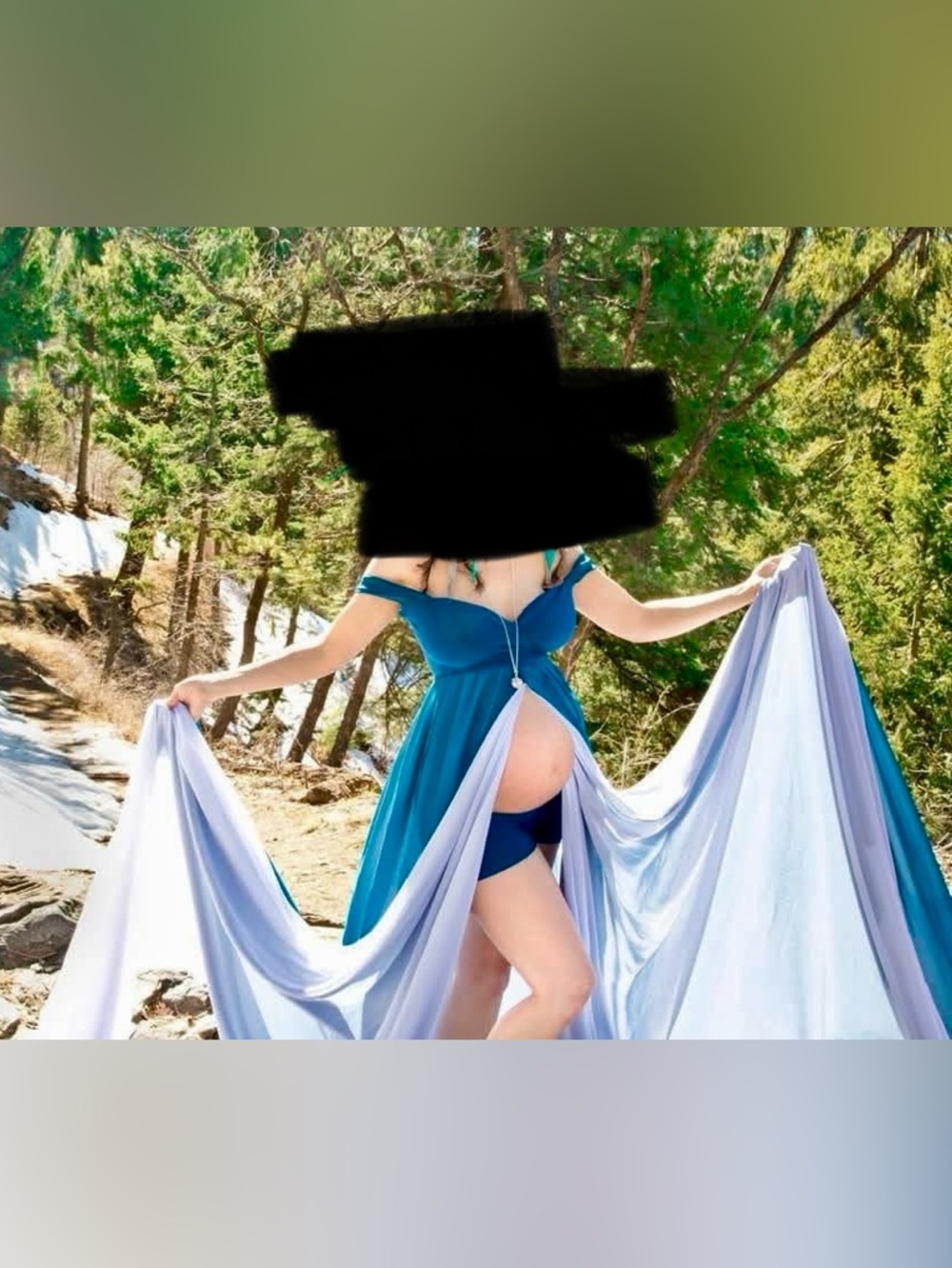 Teal Off-Shoulder Maternity Gown with White Flowing Train, Teal shorts